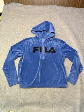 FILA Zip Hoodie Pullover Womens S/M Indigo Blue Velvet Logo Long Sleeve Retro